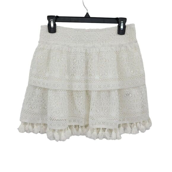 Anine Bing Skirt Mini Crochet Lace Tiered Tassel Fringe Hem Mini White XS - Picture 3 of 15